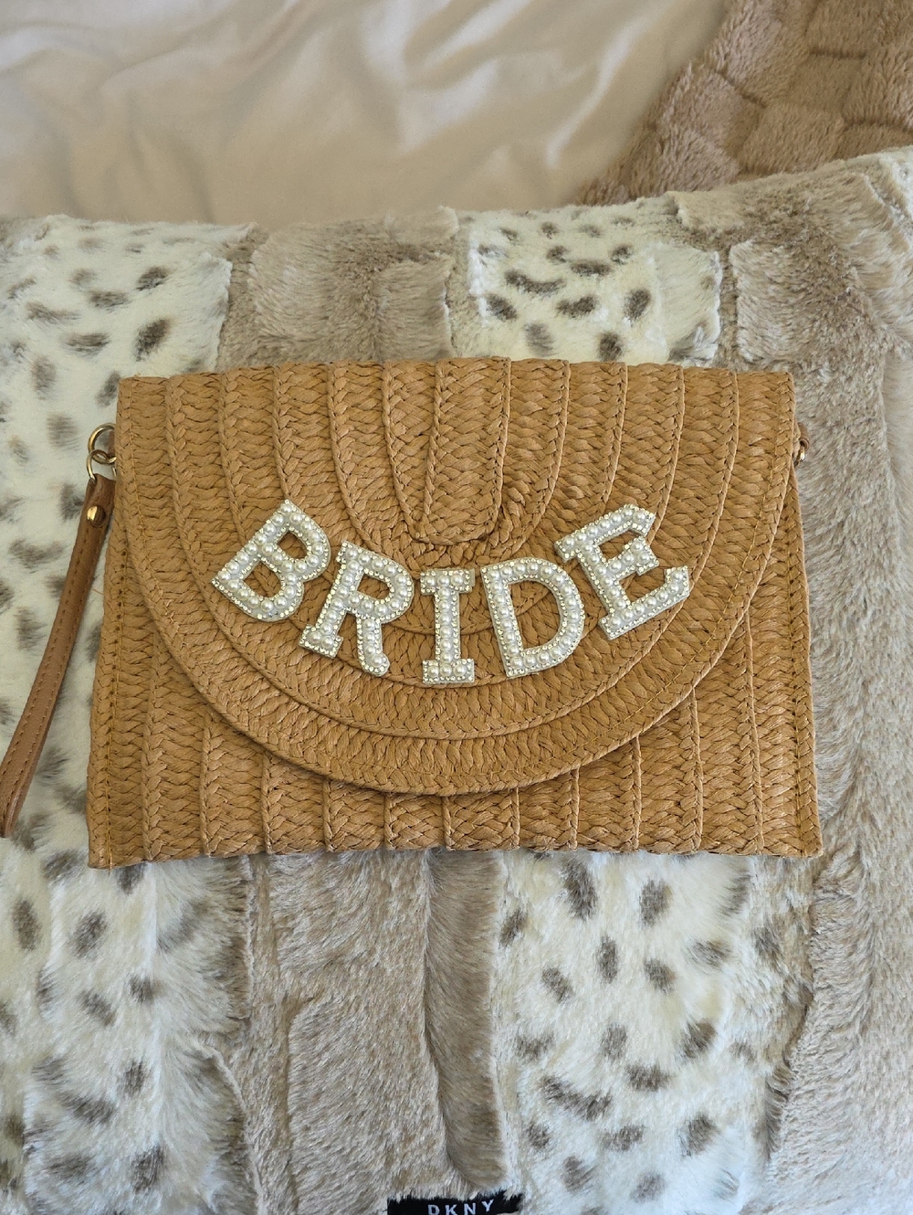 Bride Embellished Tan Woven Clutch